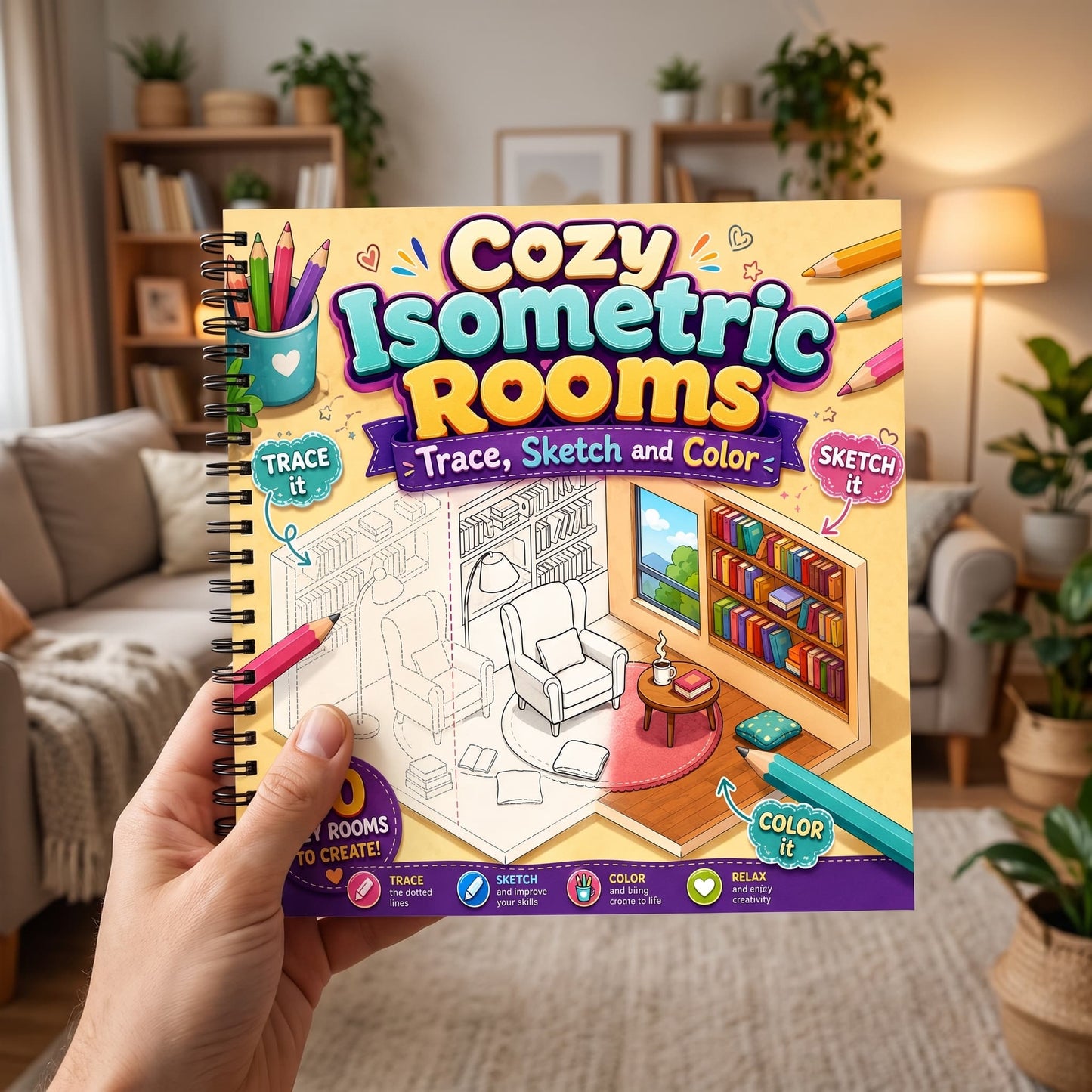 Cozy Isometric Rooms Boyama Kitabı Trace Sketch Color 30 Görsel 20x20 Cm
