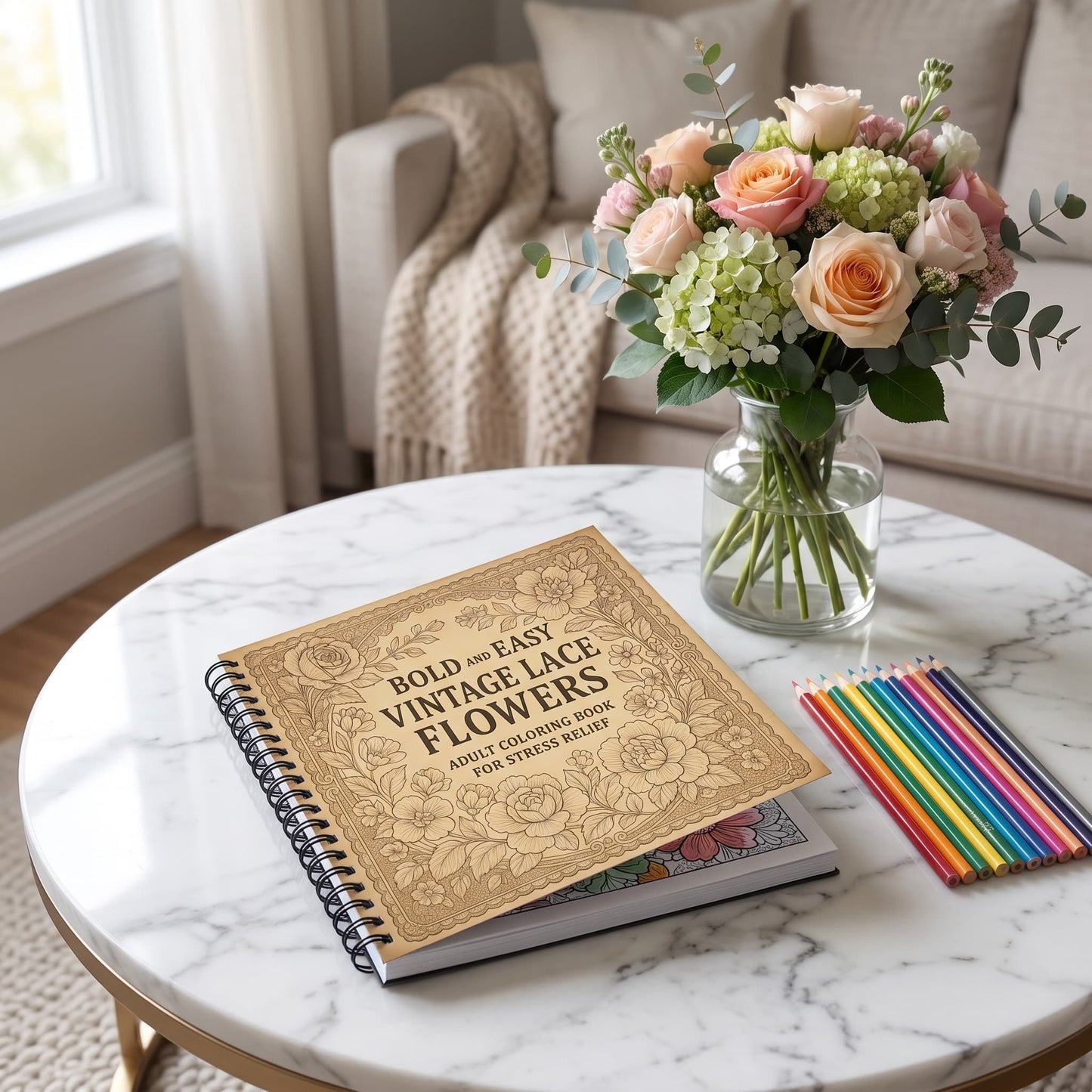 Vintage Dantel Ve Çiçekler Bold And Easy 20x20 cm Büyük Boyama Kitabı Çocuklar Yetişkinler