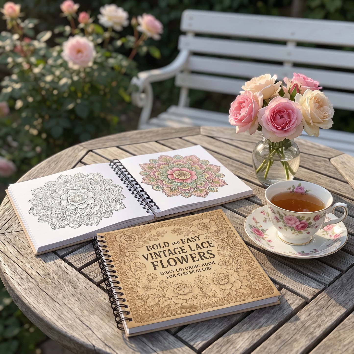 Vintage Dantel Ve Çiçekler Bold And Easy 20x20 cm Büyük Boyama Kitabı Çocuklar Yetişkinler