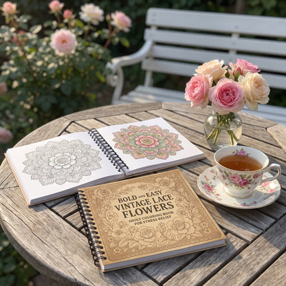 Vintage Dantel Ve Çiçekler Bold And Easy 20x20 cm Büyük Boyama Kitabı Çocuklar Yetişkinler
