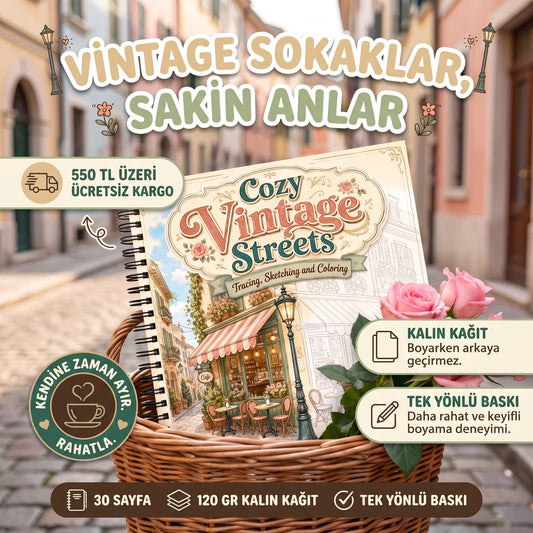 Trace Sketch Color Vintage Sokak Boyama Kitabı Çizim Tamamlama ve Boyama 30 Sayfa 20x20 cm