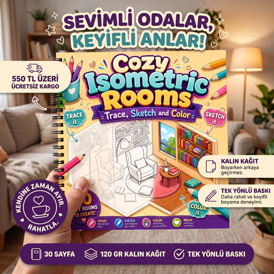 Cozy Isometric Rooms Boyama Kitabı Trace Sketch Color 30 Görsel 20x20 Cm