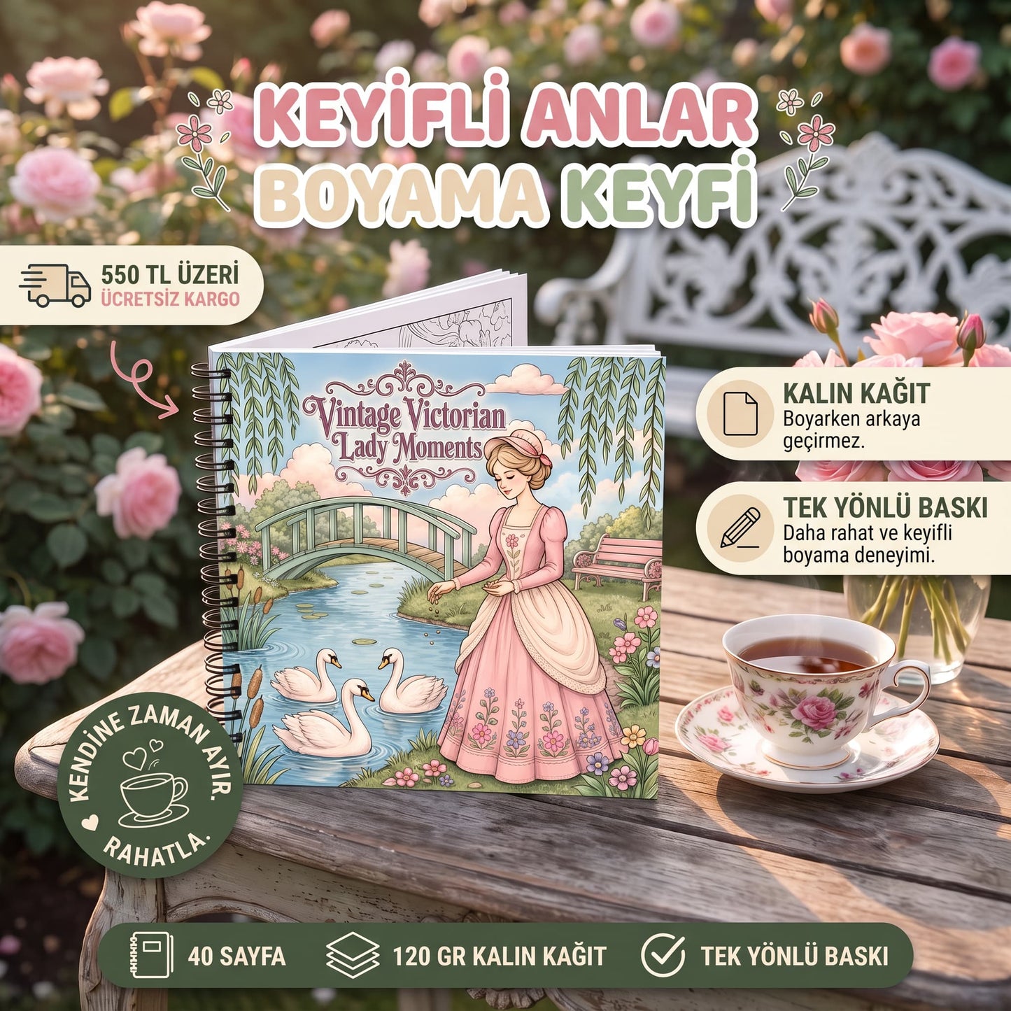 Vintage Victorian Lady Moments – 20x20 cm Büyük Boyama Kitabı, Çocuklar ve Yetişkinler İçin