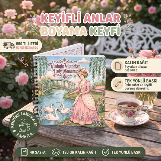 Vintage Victorian Lady Moments – 20x20 cm Büyük Boyama Kitabı, Çocuklar ve Yetişkinler İçin