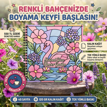 Stained Glass Vitray Flower Garden 20x20 Cm Büyük Boyama Kitabı, Çocuklar Ve Yetişkinler İçin
