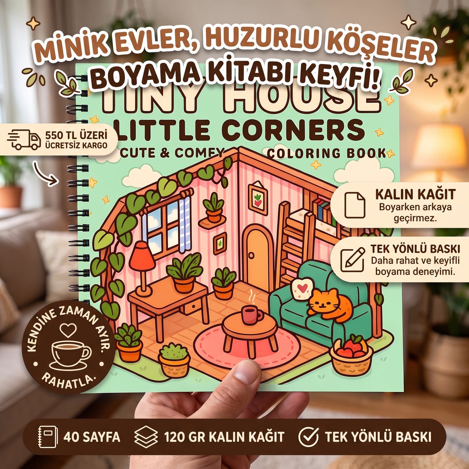 Tiny House Little İsometric Corners – 20x20 cm Büyük Boyama Kitabı, Çocuklar ve Yetişkinler