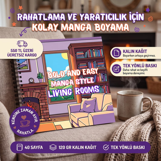Bold And Easy Anime Style Living Rooms – 20x20 cm Büyük Boyama Kitabı, Çocuklar ve Yetişkinler İçin