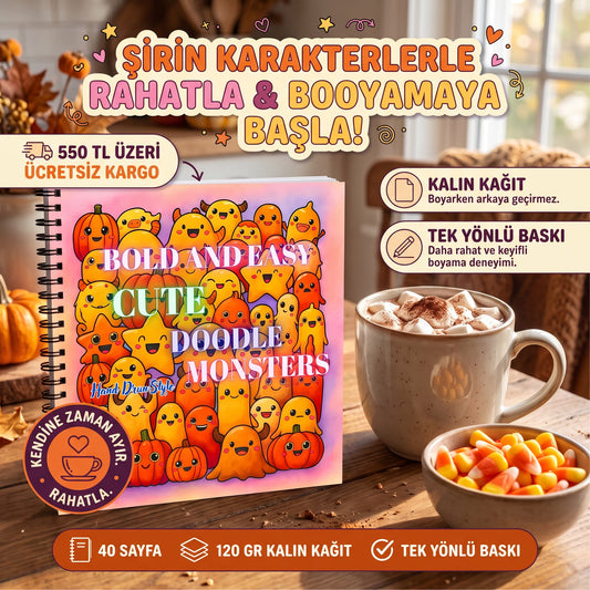 Cute Doodle Monsters Bold And Easy – 20x20 cm Büyük Boyama Kitabı, Çocuklar ve Yetişkinler İçin