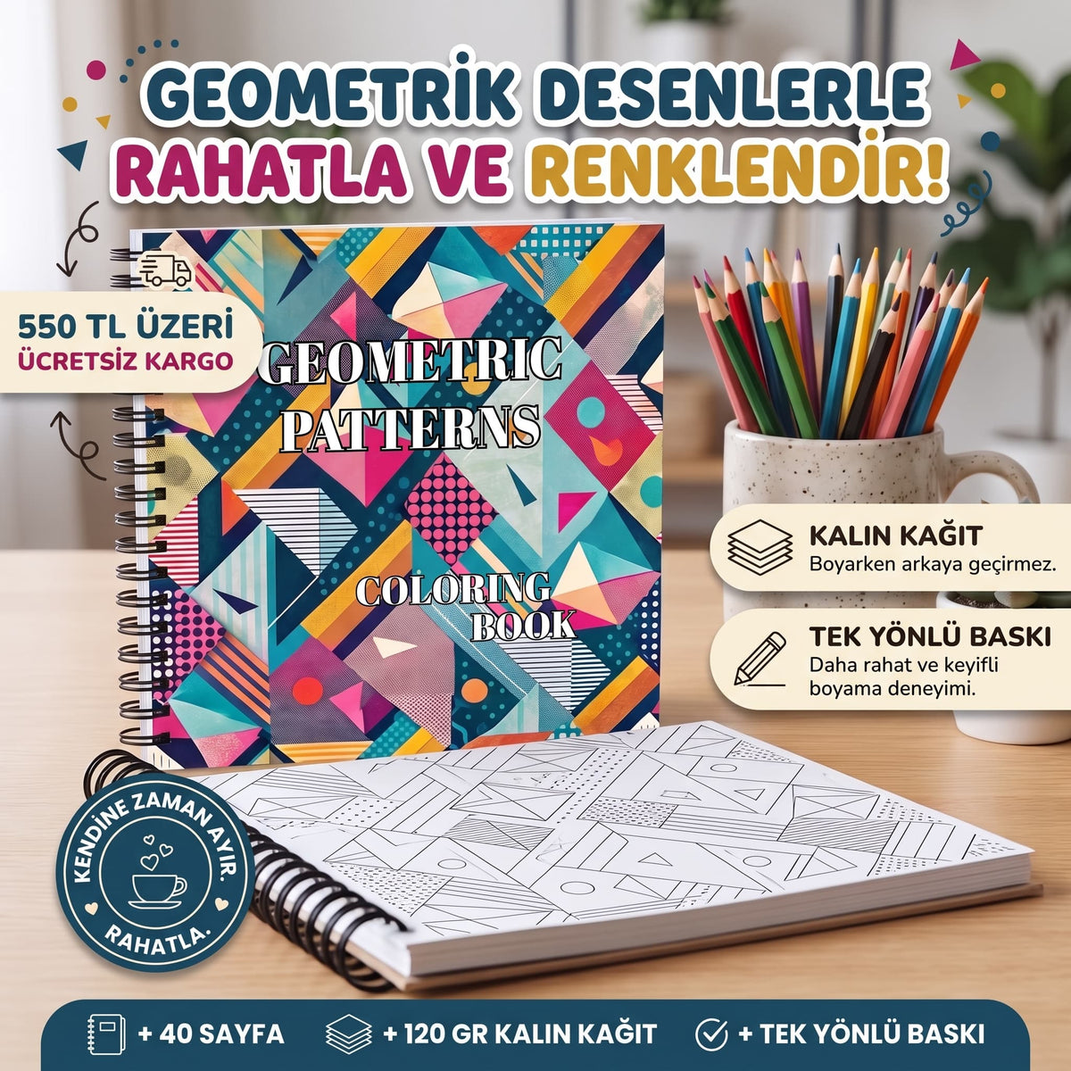 Geometrik Patternler 20 x 20 Cm Büyük Boyama Kitabı