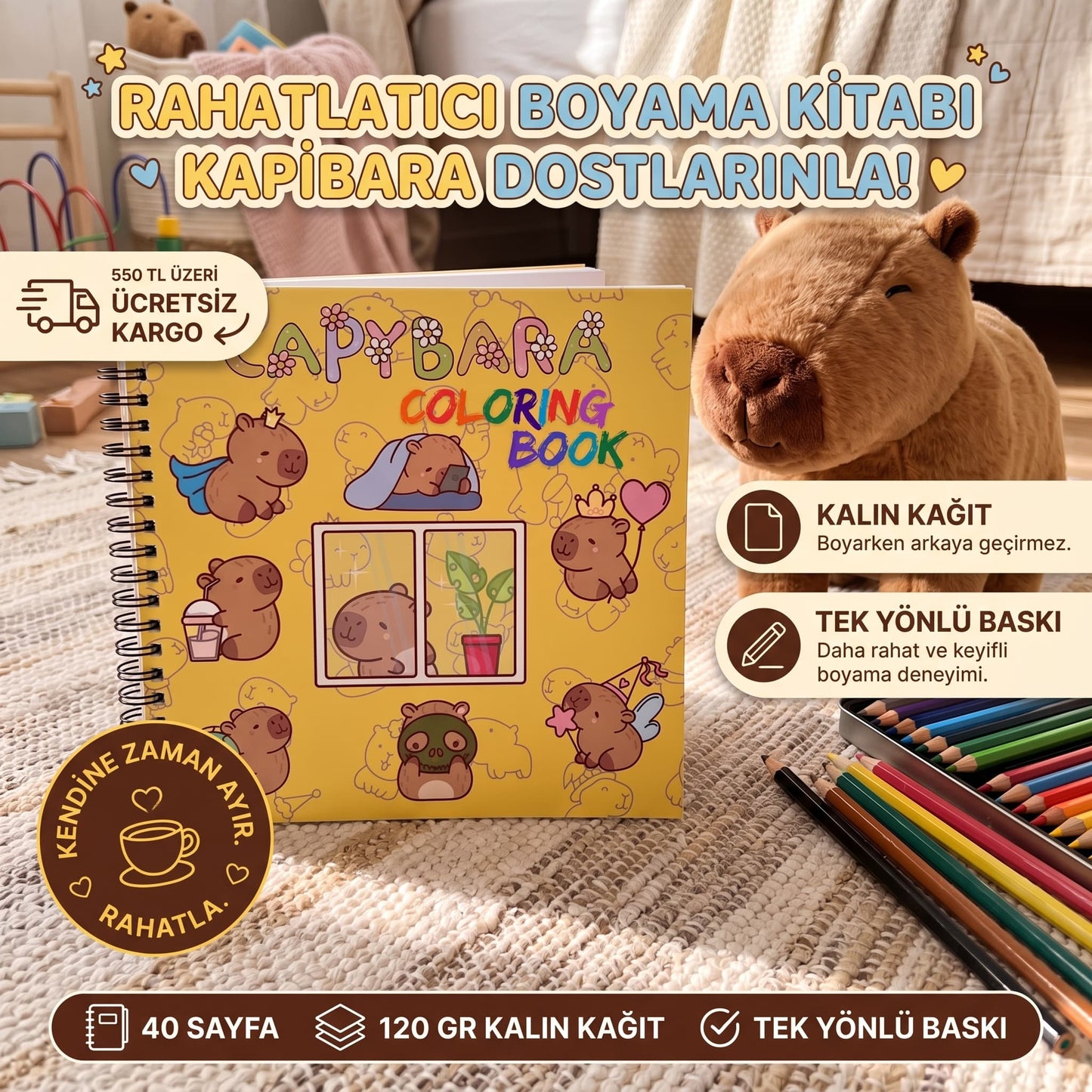 Kapibara (Capybara) Bold And Easy 20 x 20 Cm Büyük Boyama Kitabı