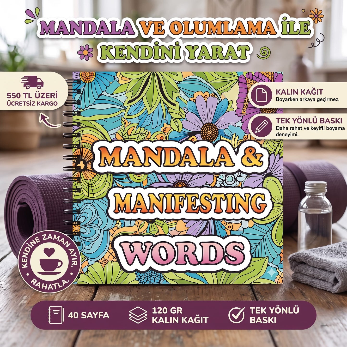Mandala Manifest Words Bold And Easy – 20x20 cm Büyük Boyama Kitabı, Çocuklar ve Yetişkinler İçin