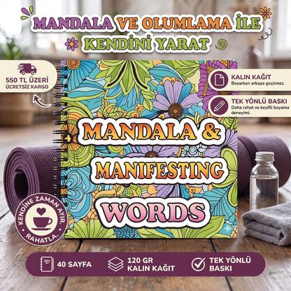 Mandala Manifest Words Bold And Easy – 20x20 cm Büyük Boyama Kitabı, Çocuklar ve Yetişkinler İçin