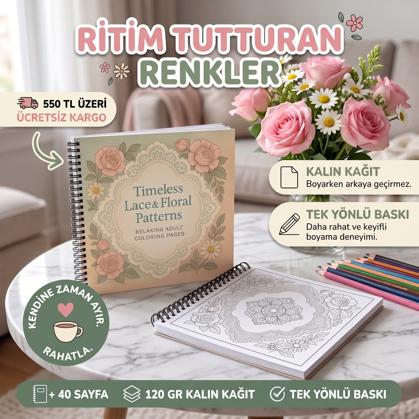 Timeless Lace & Floral Dekupaj Patterns – 20x20 cm Büyük Boyama Kitabı, Çocuklar ve Yetişkinler İçin