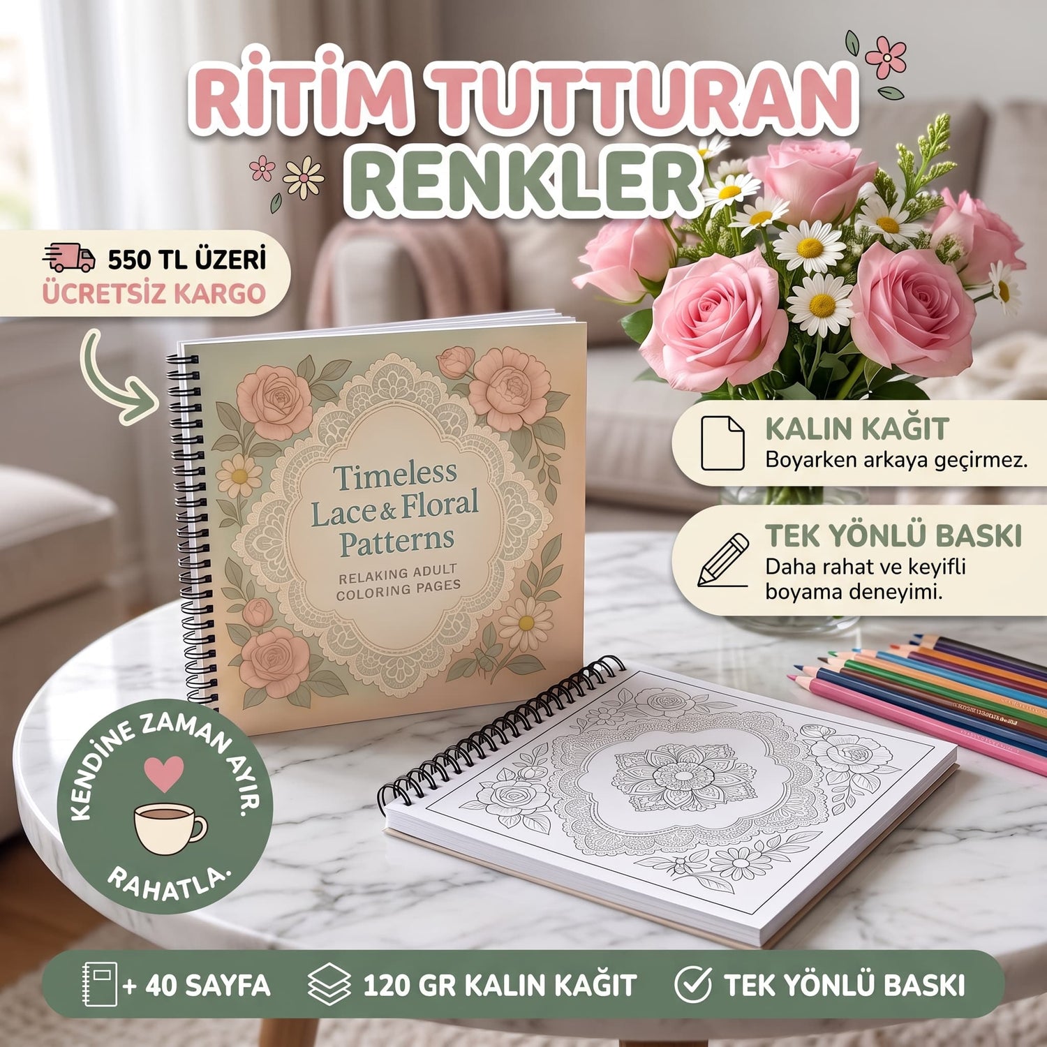 Timeless Lace & Floral Dekupaj Patterns – 20x20 cm Büyük Boyama Kitabı, Çocuklar ve Yetişkinler İçin