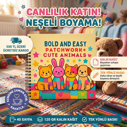 Patchwork Cute Animals Bold And Easy 20x20 Cm Büyük Boyama Kitabı, Çocuklar Ve Yetişkinlere