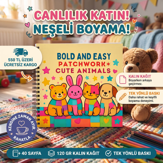 Patchwork Cute Animals Bold And Easy 20x20 Cm Büyük Boyama Kitabı, Çocuklar Ve Yetişkinlere