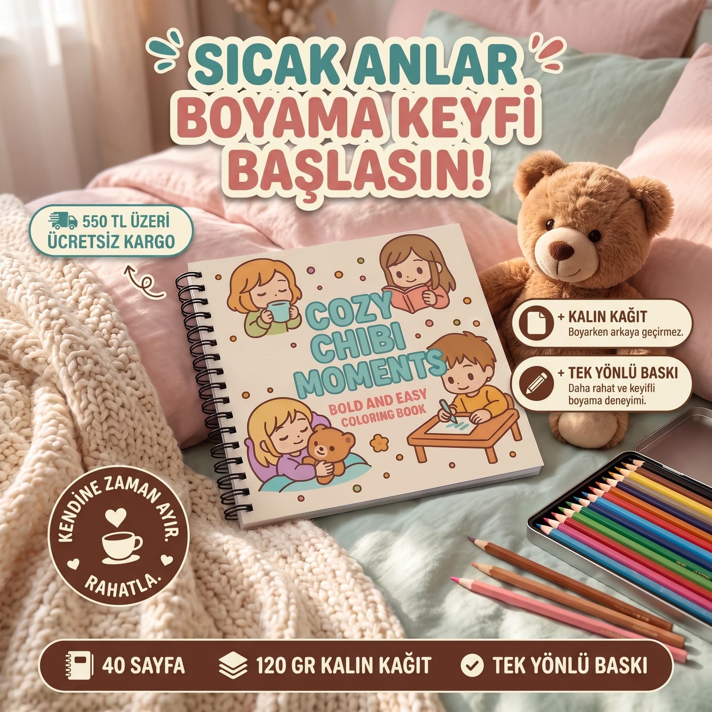 Cozy Anime Chibi Moments Bold And Easy 20x20 Cm Büyük Boyama Kitabı, Çocuklar Ve Yetişkinlere