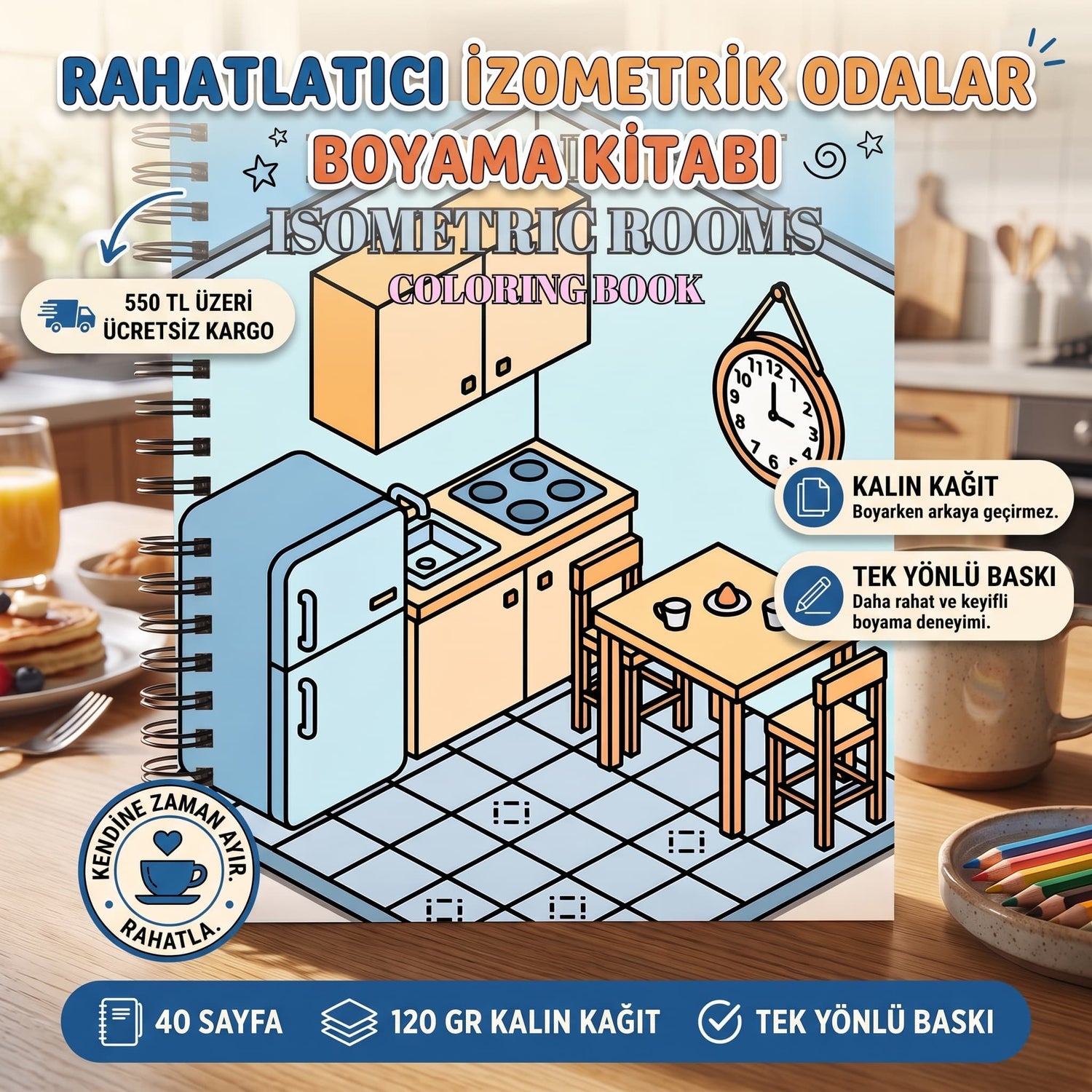 Isometric Rooms Bold And Easy - 20x20 Büyük Boyama Kitabı, Çocuklar ve Yetişkinler İçin