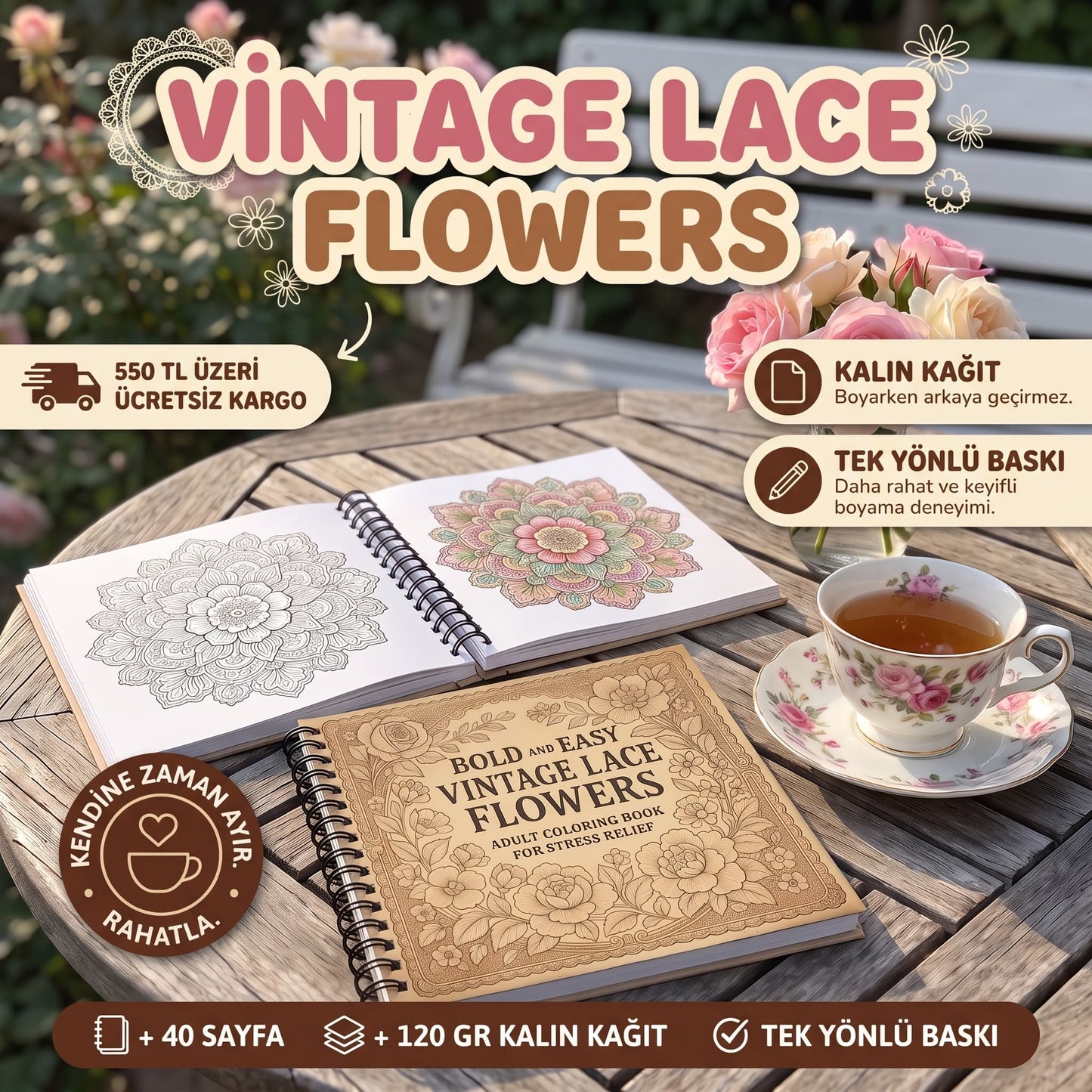 Vintage Dantel Ve Çiçekler Bold And Easy 20x20 cm Büyük Boyama Kitabı Çocuklar Yetişkinler