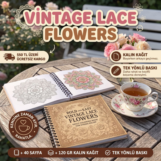 Vintage Dantel Ve Çiçekler Bold And Easy 20x20 cm Büyük Boyama Kitabı Çocuklar Yetişkinler