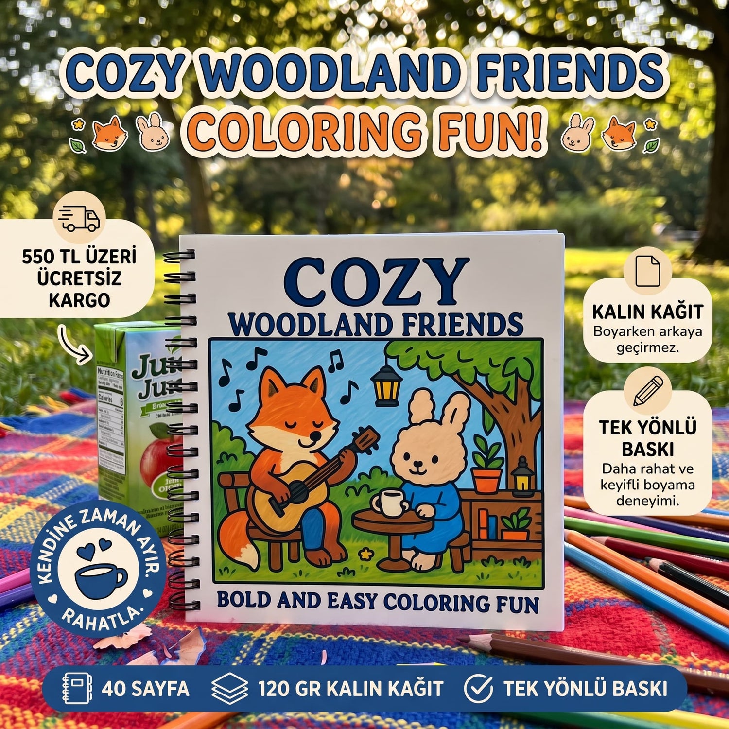 Cozy Woodland Friends Bold And Easy 20x20 Cm Büyük Boyama Kitabı, Çocuklar Ve Yetişkinlere