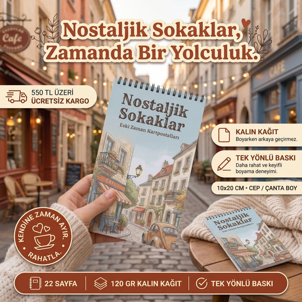 Nostaljik Sokaklar: Eski Zaman Kartpostalları Boyama Kitabı - Çanta / Cep Boy - 10x20 cm