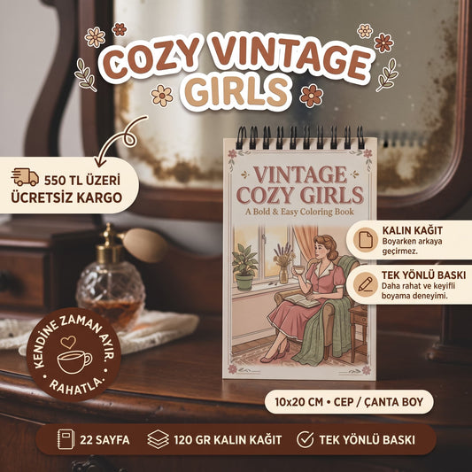 Nostalgic Vintage Cozy Girls Boyama Kitabı - Çanta / Cep Boy - 10x20 cm