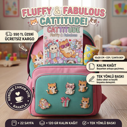 Cattitude: Fluffy & Fabulous Boyama Kitabı - Çanta / Cep Boy - 10x20 cm