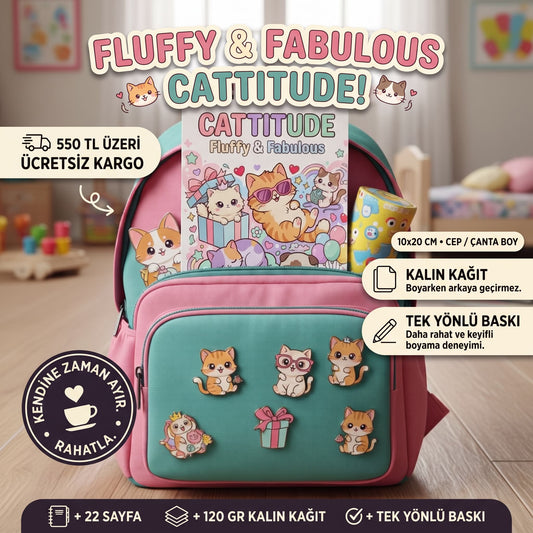 Cattitude: Fluffy & Fabulous Boyama Kitabı - Çanta / Cep Boy - 10x20 cm