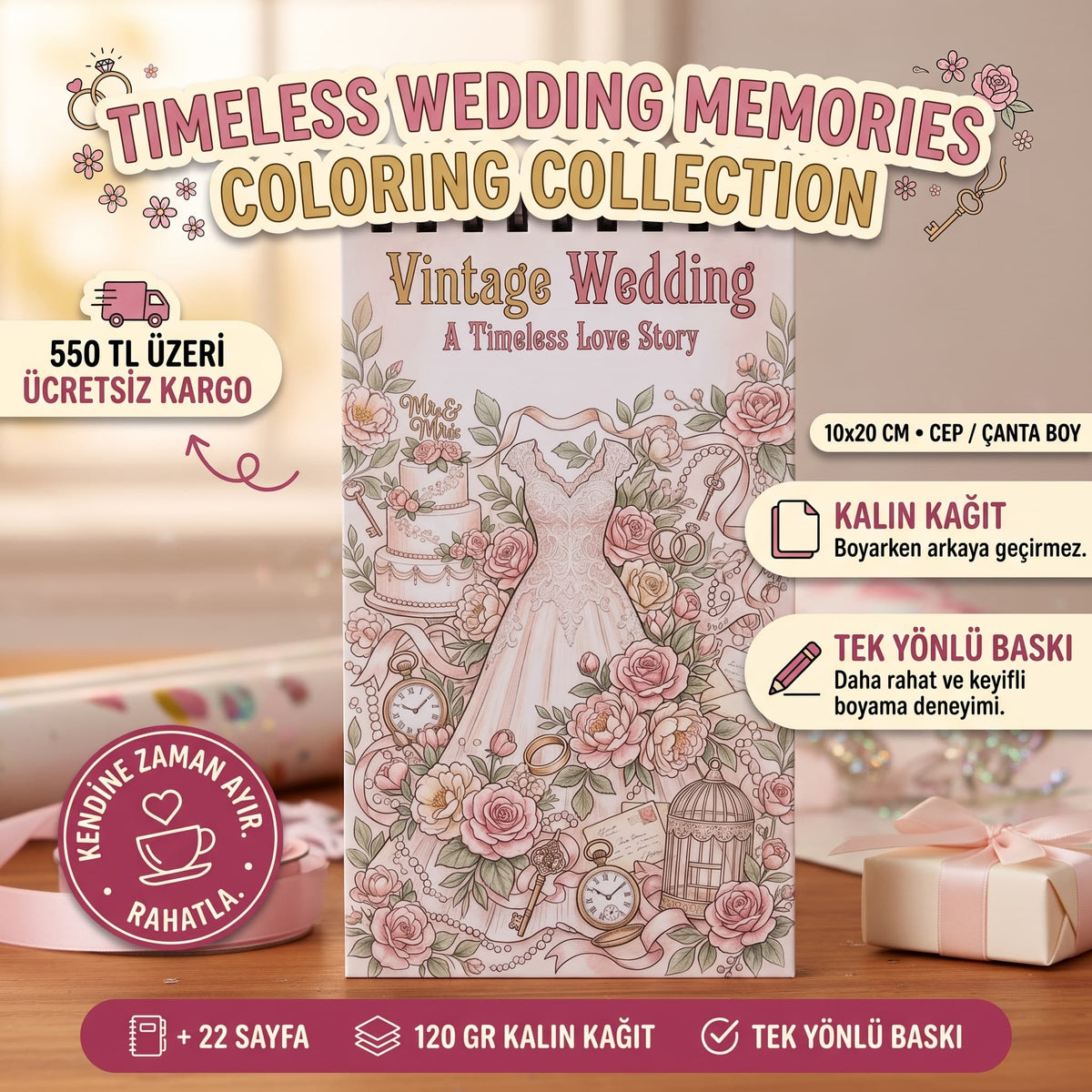 Vintage Wedding: A Timeless Love Story Boyama Kitabı - Çanta / Cep Boy - 10x20 cm