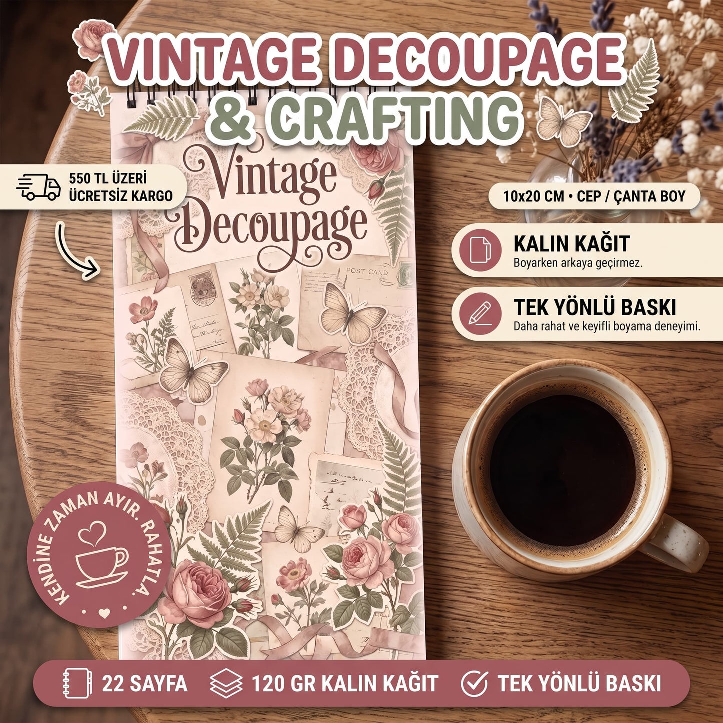 Vintage Decoupage Cep Boy Boyama Kitabı 10x20 cm