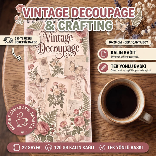 Vintage Decoupage Cep Boy Boyama Kitabı 10x20 cm