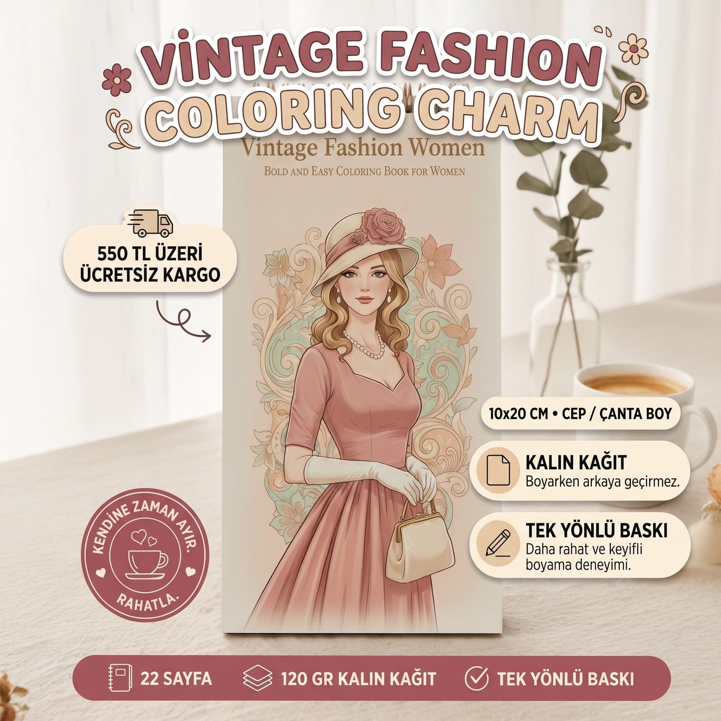 Vintage Fashion Women Cep Boy Boyama Kitabı 10x20 cm