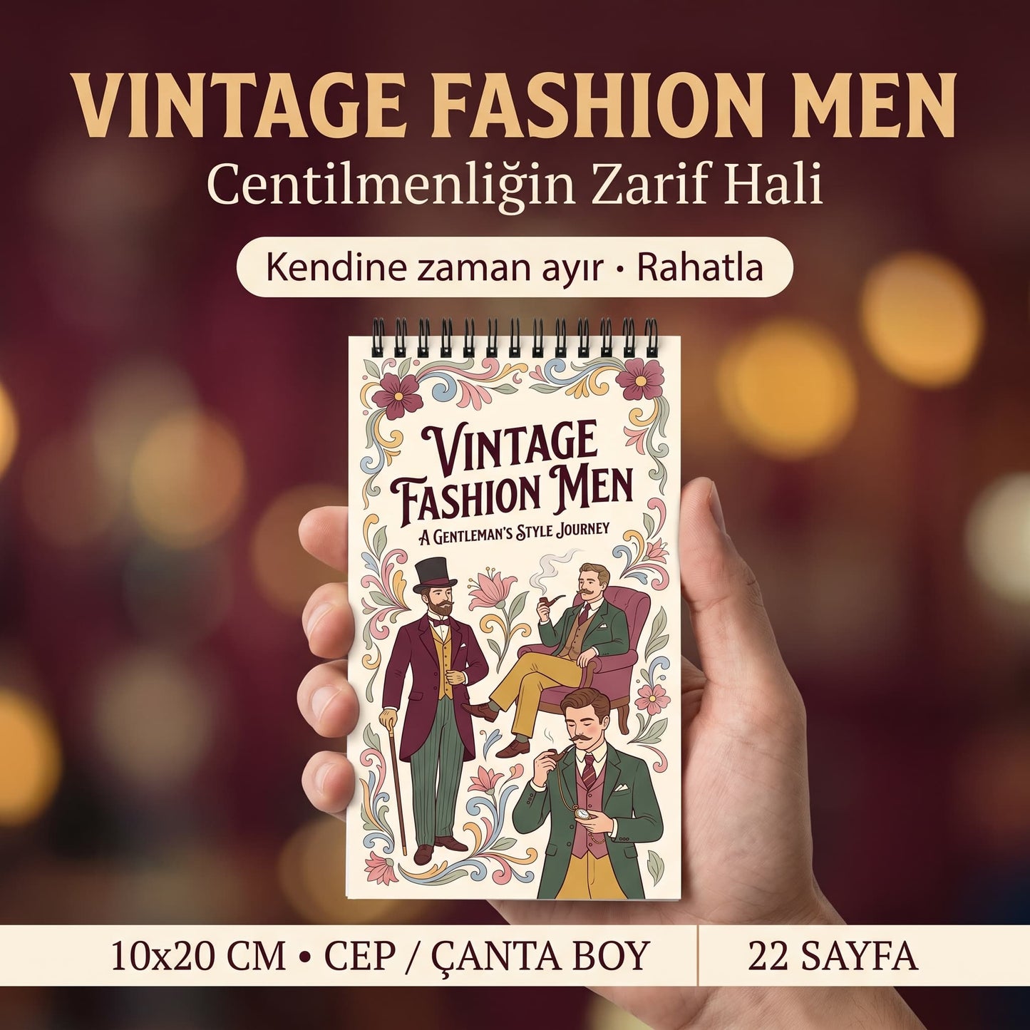 Vintage Fashion Men — 10x20 cm Cep Boy Boyama Kitabı