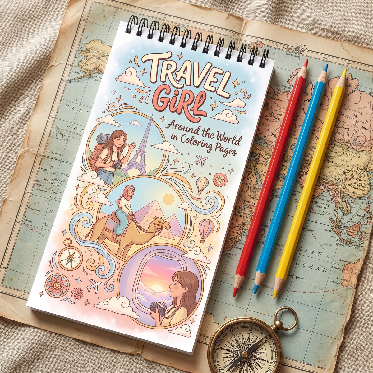 Travel Girl: Around the World in Coloring Pages - 10X20 cm