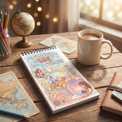 Travel Girl: Around the World in Coloring Pages - 10X20 cm